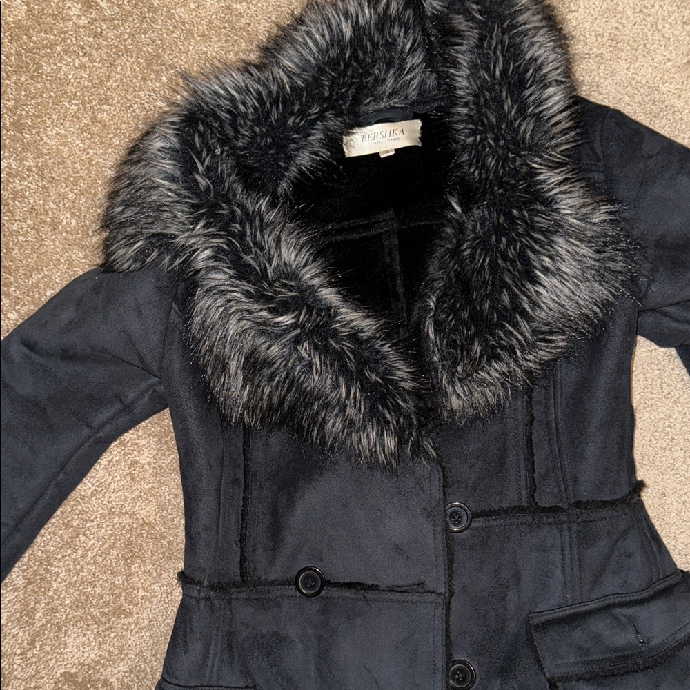 Bershka Black Trench Coat with Faux Fur Collar